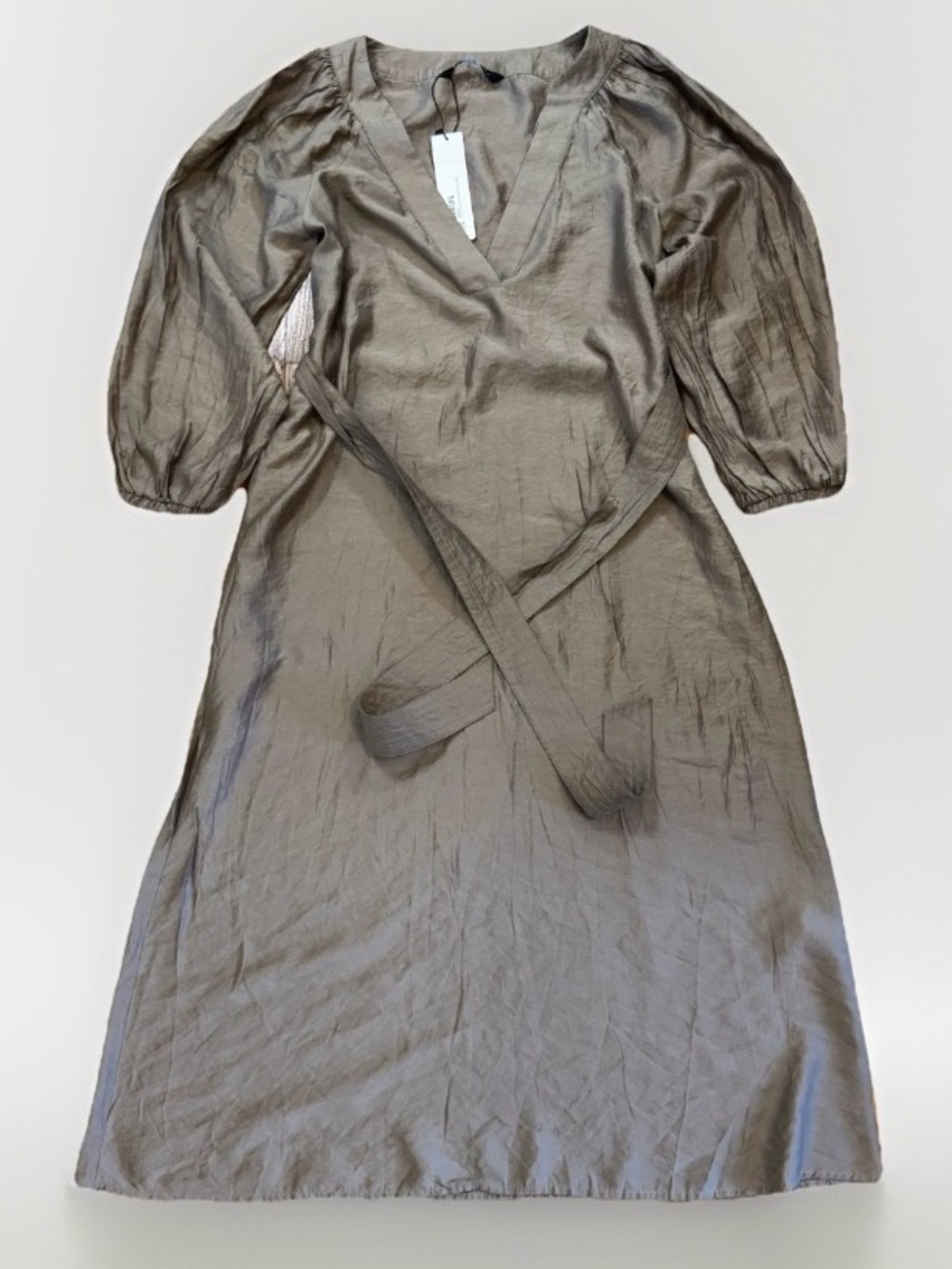 NWT Zara Wide Long Sleeve Belted Waist Midi Dress Grey Satin Feel V Neck NEW